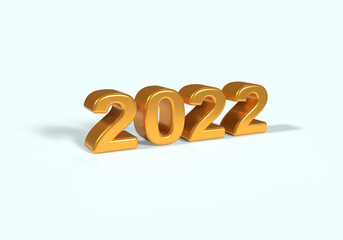 Metallic Gold 2022 new year 3d render illustration isolated on white background, Perspective View.