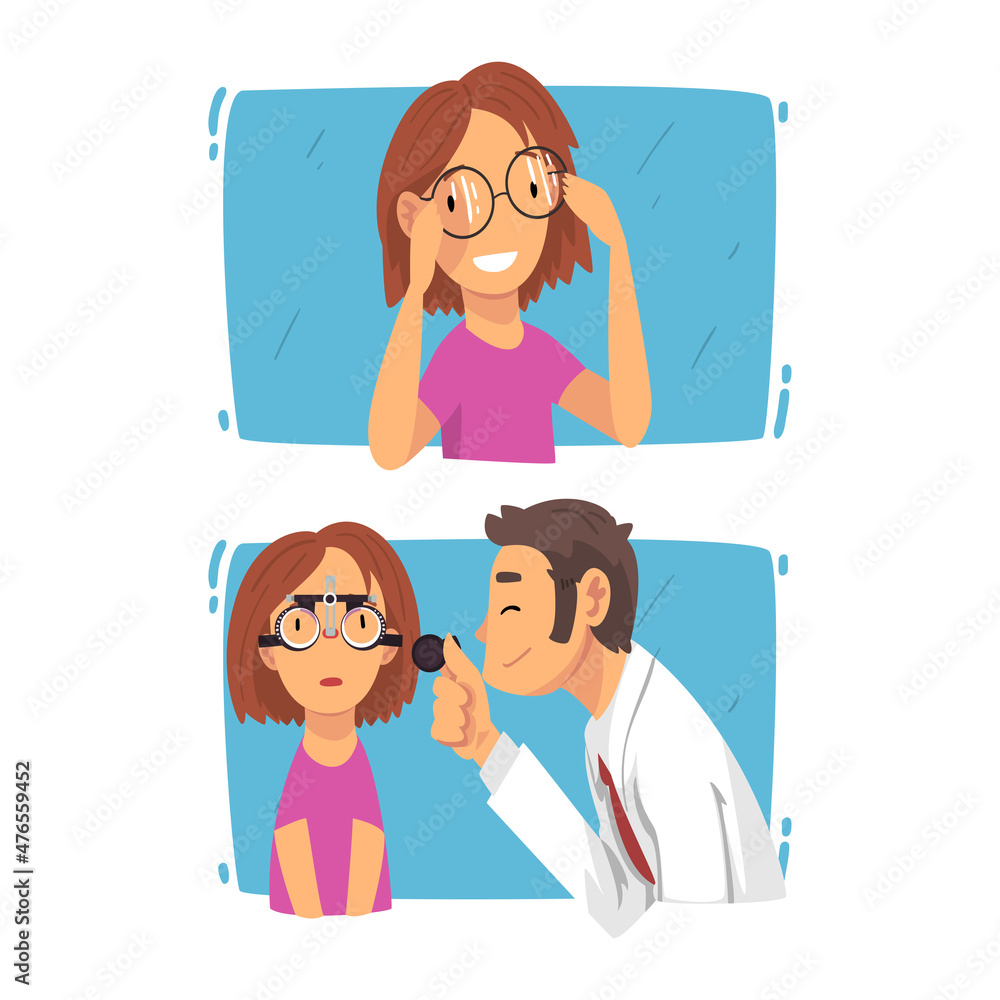 Wall mural ophthalmology diagnostics with teen girl having eyesight and vision checkup and correction vector se