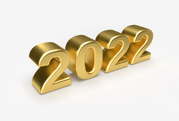 Metallic Gold 2022 new year 3d render illustration isolated on white background, Perspective View.