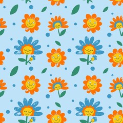 Fototapeta na wymiar Seamless childish pattern with funny flowers. Creative kids texture for fabric, wrapping, textile, wallpaper, apparel. Seamless pattern with creative decorative flowers in cartoon style.