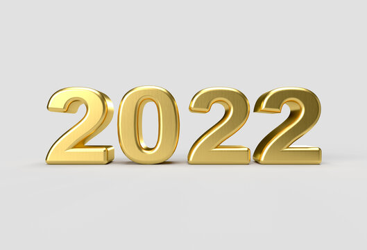 Metallic Gold 2021 / 2022 new year 3d render illustration isolated on light grey background, Front View.