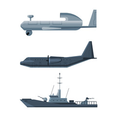 Obraz na płótnie Canvas Aircraft and Marine Military Vehicle or Transport Equipment Vector Set