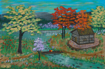 Canvas painting of rural Thai life in spring