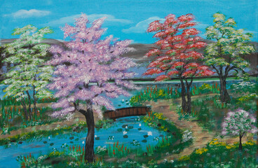 Canvas Painting of Flowering Trees along the River at Springtime