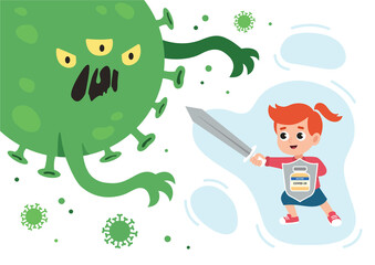 Vaccinated girl with sword and shield with bottle of vaccine is fighting with coronavirus monster