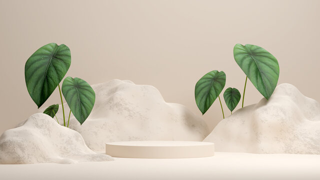 3D render image of empty space mockup podium nature caladium plant for product display