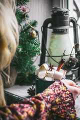 Festive hot drink. In focus the middle of marshmallows