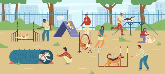 People training their dogs on agility field flat vector illustration. Different people with different dogs on playground.
