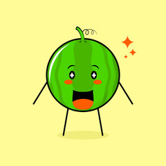 cute watermelon character with happy expression, mouth open and sparkling eyes. green and yellow. suitable for emoticon, logo, mascot