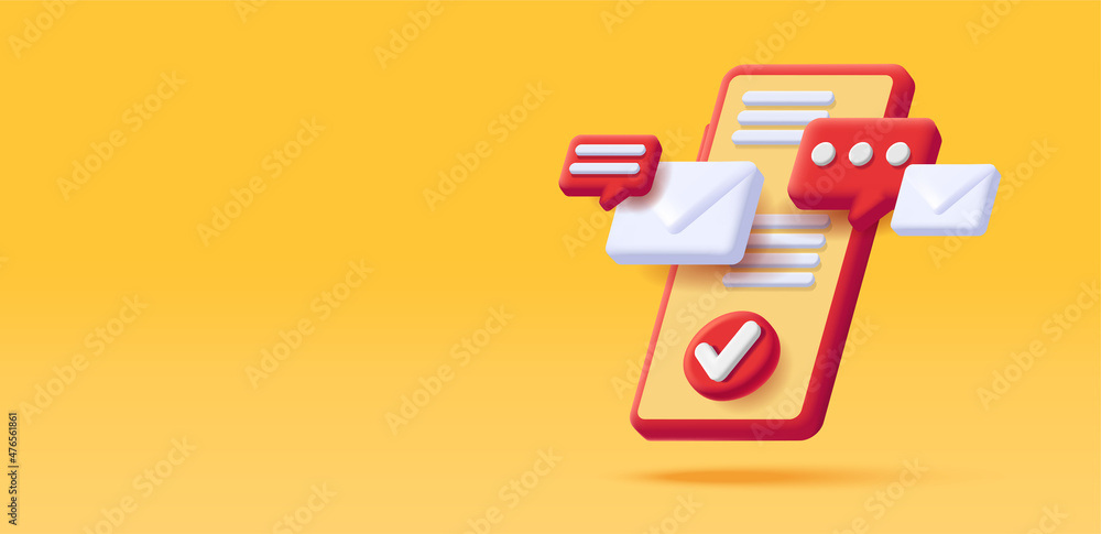 Poster 3d render isometric illustration of a red smartphone with push messages and email envelope