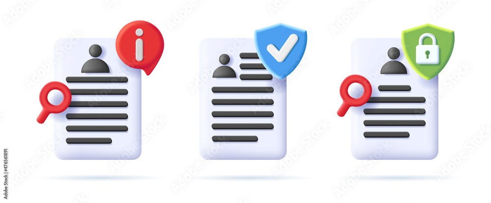 Poster set of document security 3d icon, user profile page with shield and padlock and info icon