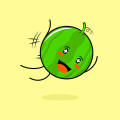 cute watermelon character with happy expression, jump fly, mouth open and sparkling eyes. green and yellow. suitable for emoticon, logo, mascot