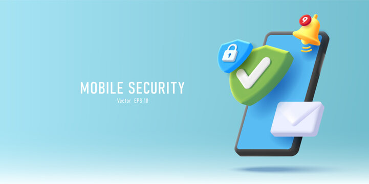 Web banner with 3d render illustration od a smartphone with protection shield with padlock and notif