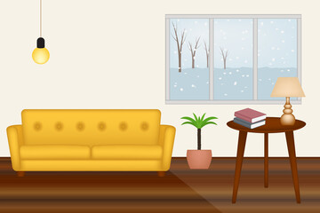 Living room interior design with sofa, window, table, book, lamp, vector illustration