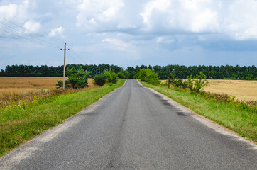 Fototapeta na wymiar An asphalt road going into the distance, the outskirts of the village, a beautiful blue sky with clouds on a sunny summer day