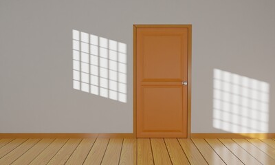 wooden door with sunlight from windows in the white room.3d rendering.	