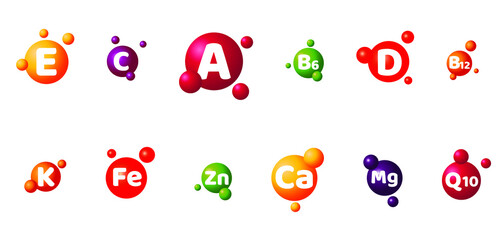 A set of bright round multi-colored vitamins and minerals. Volumetric design isolated on white background, eps 10.