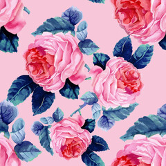 Pink roses with blue leaves watercolor on light pink background seamless pattern for all prints.