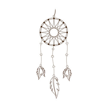 Dreamcatcher. Vector illustration of a dreamcatcher with threads and beads, ethnic mascot template with feathers on a white background.