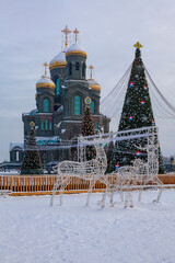 The main temple of the Russian armed forces. Various Christmas decorations are in the foreground.