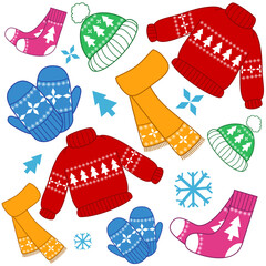 Seamless pattern with hat, sweater, gloves, socks and scarf in cartoon design. Vector illustration for stickers, cards and decoration cover notebooks.