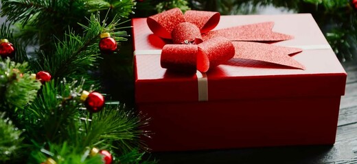 Christmas red gift box with ribbon and tree background