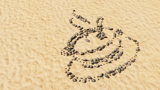 Concept conceptual stones on beach sand handmade symbol shape, golden sandy background, hot cup of tea sign. A 3d illustration metaphor for traditional medicine, relaxation, health and diet