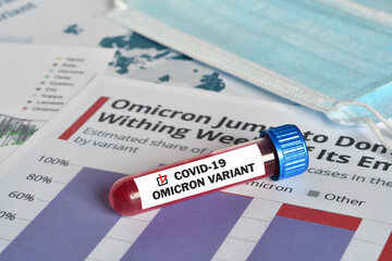 Obraz premium Blood tube for test detection of virus Covid-19 Omicron Variant with positive result and vaccine syringe on papers documents. Italy