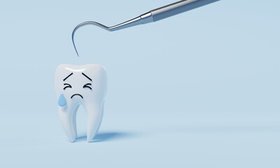 Tooth afraid of dental inspection hooks for yearly oral health check cause of tooth dacay on blue background. Health care and medical concept. 3D illustration rendering - obrazy, fototapety, plakaty