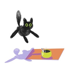 The funny cat was scared of the mouse and jumped high in horror. Design for cups, postcards, T-shirts and others. A flying cat.