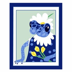 Illustration portrait of a blue frog. Cartoon character. Design for invitations, postcards, posters, T-shirts, cups, backgrounds.