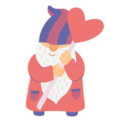 Gnome with heart shaped lollipop. Funny character. Hand drawn flat vector illustration isolated on white. Great for  Valentine's day cards. Lilac, purple and red colors.