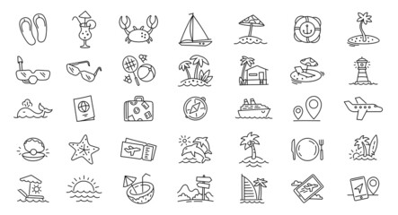 Icons set tourism. Vacation travel and recreation. Sea beach and attractions. Vector line icon.