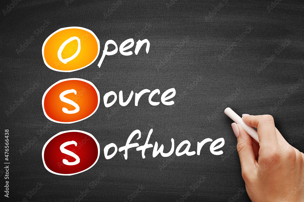 Poster oss - open source software acronym, technology concept background on blackboard