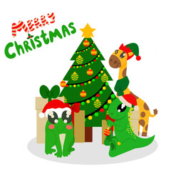 Naklejka premium Festive postcard with merry christmas signature and cute animals around decorated tree. Frog with new years cap dinosaur with christmas ball in paws and giraffe in elf costume. Image isolated on white