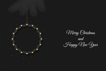 Fototapeta na wymiar Christmas and Happy New Year background. 3D backdrop with Christmas ball from wavy path with rhinestones, glitter and Christmas tree on black matte background. Creative vector illustration