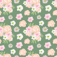 Watercolor floral seamless pattern. Elegant pink, blush, peach flowers on green background. Repeated botanical print. Endless tile for fabrics, textile, wallpaper, wrapping, scrapbook paper, cards.