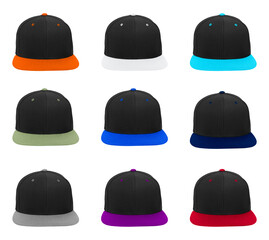 Blank baseball snapback cap set two tone different color visor on white background
