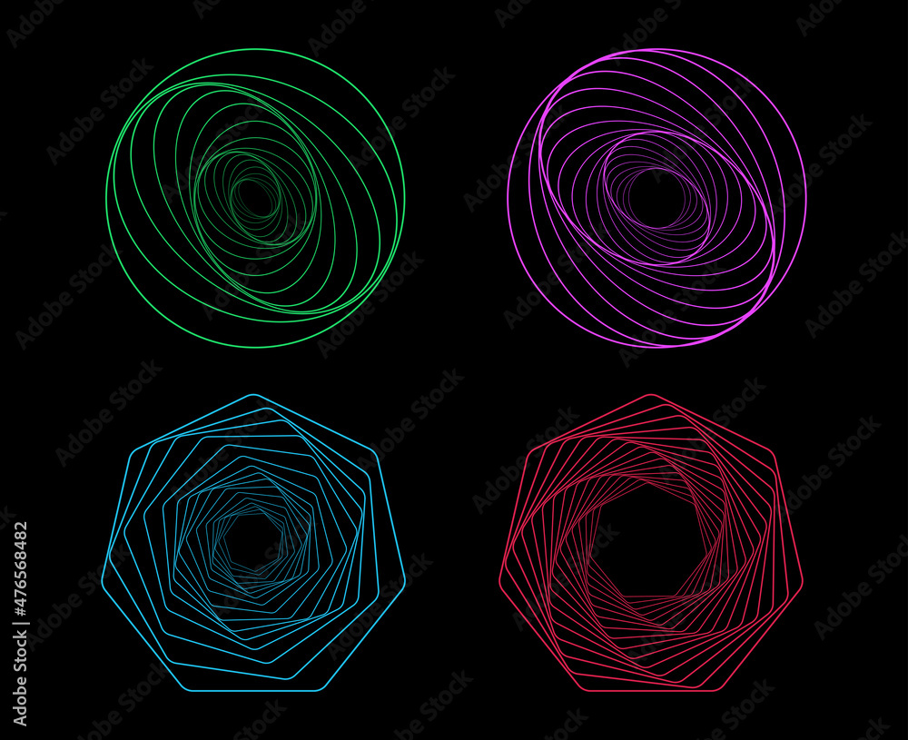 Poster set of twisted spirals. sacred geometry. tunnel with lines in the form of a circle and hexagons. vec