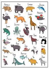 Full animal alphabet with colorful illustrations. Color alphabet poster for kids, school, home wall art, gift.
