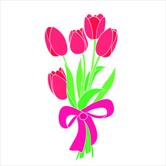 Branches of tulips and green leaves. Bouquet of red tulips isolated on white. Floral march design. Greeting card template. Womens day festive vector illustration 
