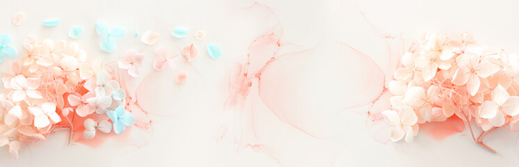 Creative image of pastel blue and pink Hydrangea flowers on artistic ink background. Top view with copy space
 - obrazy, fototapety, plakaty