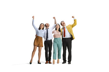 Full-length portrait of happy and excited employees, workers celebrating successful project...