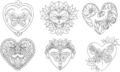 Ethnic butterfly in heart line coloring book