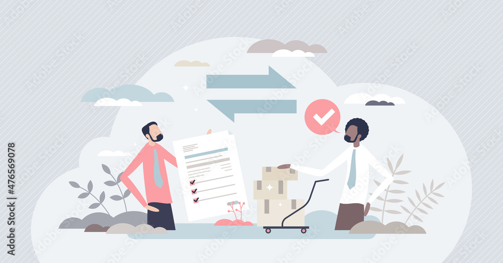 Poster procurement occupation with inventory planning or control tiny person concept. supplier prices negot