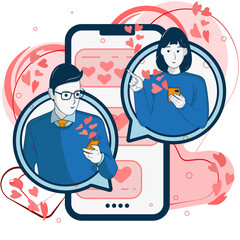 Man and woman sand love messages on smart phone