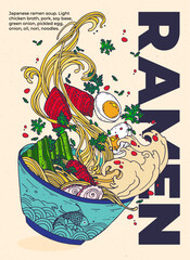 Vector flat cartoon illustration. Japanese ramen soup with herbs, egg, seaweed in a plate with fish