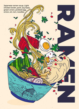 Vector flat cartoon illustration. Japanese ramen soup with herbs, egg, seaweed in a plate with fish