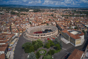 Obraz premium Verona, Italy aerial view of the historic city. Famous Italian amphitheater aerial view. Aerial panorama of the famous Piazza Bra in Verona. Monument to Unesco Arena di Verona in Italy top view.