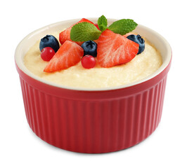 Delicious semolina pudding with berries and mint on white background